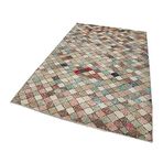 155x270 cm Kareli Kilim Bej Kareli Yün El Dokuma Modern Geometrik Etnik Eskitme Desenli Boho Oturma Odası Salon Yolluk Koridor Mutfak Halısı