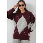 15895 Baklava Desenli Oversize Triko Kazak - Y.bordo - Standart