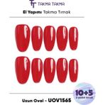 15'li Kırmızı Uzun Oval UOV1565 Tekrar Kullanılabilir El Yapımı Protez Takma Tırnak - Kırmızı-XS