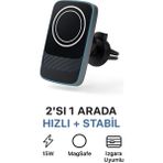 15W Magsafe Uyumlu Kablosuz Araç Içi Telefon Tutucu | 3A Hızlı Şarj | Havalandırma Tipi 2in1 Stand - Siyah