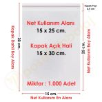 15X25+5 Cm. (15X30) 1.000 Adet Şeffaf Bantlı Yapışkanlı Jelatin Poşet