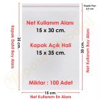 15X30+5 Cm. (15X35) 100 Adet - Şeffaf Bantlı Yapışkanlı Opp Jelatin Poşet