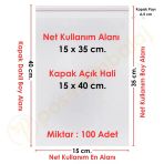 15X35+5 Cm. (15X40) 100 Adet - Şeffaf Bantlı Yapışkanlı Opp Jelatin Poşet