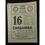 16 Eylül 1981 Çarşamba Sönmez Takvimi Yaprağı (Sahafiye Kitap)