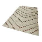 161x278 cm Kareli Kilim Bej Kareli Yün El Dokuma Modern Geometrik Etnik Eskitme Desenli Boho Oturma Odası Salon Yolluk Koridor Mutfak Halısı