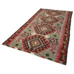 161x309 cm Anadolu Kilim Kırmızı Geometrik Yün El Dokuma Modern Geometrik Etnik Eskitme Desenli Boho Oturma Odası Salon Yolluk Koridor Mutfak Halısı