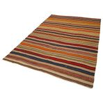 163x252 cm Anadolu Kilim Bej Çizgili Yün El Dokuma Modern Geometrik Etnik Eskitme Desenli Boho Oturma Odası Salon Yolluk Koridor Mutfak Halısı