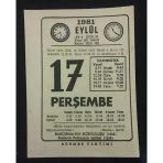 17 Eylül 1981 Perşembe Sönmez Takvimi Yaprağı (Sahafiye Kitap)