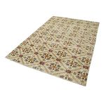 170x257 cm Kareli Kilim Bej Kareli Yün El Dokuma Modern Geometrik Etnik Eskitme Desenli Boho Oturma Odası Salon Yolluk Koridor Mutfak Halısı