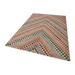 174x263 cm Kareli Kilim Pembe Kareli Yün El Dokuma Modern Geometrik Etnik Eskitme Desenli Boho Oturma Odası Salon Yolluk Koridor Mutfak Halısı