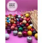 18 mm Karışık Renkli Ahşap Boncuk (50 Gram 25 Adet) Dar Delik Çapı 5 mm Yuvarlak Makrome Tahta