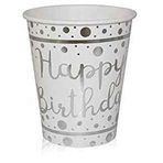 18657 Metalik Gümüş Happy Birthday Baskılı Beyaz Karton Bardak 8oz 6lı
