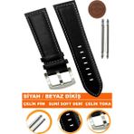 18mm-20mm-22mm-24mm-26mm saatlerle uyumlu soft deri saat kordonu kayışı al11-sıyah-beyaz - 20 mm - Siyah - Beyaz