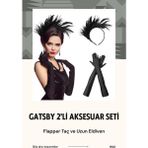 1920'LER Ikili Gatsby Aksesuar Seti- Siyah Flapper Tüy Saç Bandı ve Uzun Eldiven