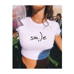 1blood Y2k Siyah Smile Gülücük Yazılı Kadın Desenli Beyaz Crop Body
