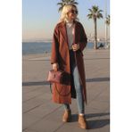 1Tarz Kışlık Astarlı Detaylı Kadın Kaşmir Kaban - 2XL - Kahverengi