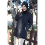 1Tarz Kışlık Kürk Yaka Şişme Kadın Tesettür Mont - Siyah - XS