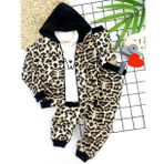 2-3-4-5 Yaş Kapşonlu Leopar Desenli Sweatli 3lü Kız Çocuk Takımı Kahverengi