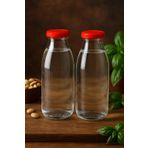 2 Adet 1 Litre Şeffaf Sürahi Süt, Ayran, Su, Limonata, Meşrubat Şişesi Plastik Kapaklı Cam Şişe