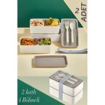 2 Adet 2 Katli Krem Catal Kasikli Saklama Kabi 1003 Lunch Box - Beslenme Bolmeli Yemek Kutusu