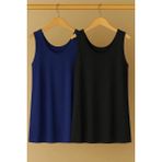 2 Adet A Kesim Rahat Kalıp Basic Kalın Askılı Atlet Tişört - Siyah-Lacivert - 3XL