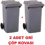 2 Adet Çöp Kovası Kapaklı Tutma Saplı Özel Çöp Konteyneri 120 Lt ( Gri ) Büyük Boy 2 Adet