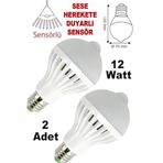 2 Adet Harekete Duyarlı Sensörlü 12W Led Lamba Ses Hareket Görünce Yanan Sonra Sönen Sensörlü Ampül