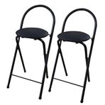 2 adet katlanır bar taburesi, arkalıklı ve ayak dayamalı modern tezgah yüksekliği mutfak sandalyesi yuvarlak PU dolgulu siyah 65 cm/26 inç yer tasarrufu sağlayan tasarım ev ve bar için