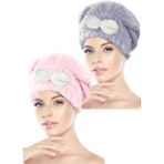 2 Adet Mikrofiber Saç Havlusu Bonesi Lastikli Fiyonklu - Pembe - Gri