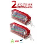 2 Adet Pvc Kalemlik Fermuarlı Şeffaf Makyaj Çantası Kalem Kutusu Kırmızı