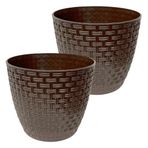 2 adet Rattan Saksı 1,6 lt Gizli Tabaklı Hasır Desenli Çiçek Saksısı 15x13 cm Kahverengi