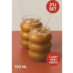 2 Adet Set Cam Buzlu Soğuk Kahve Bardağı + Cam Pipet Hediyeli 700 Ml