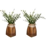 2 ADET VAZO DAHİL,VAZODA ÇİÇEK,BEYAZ YAPAY ÇİÇEK,VAZO DEKORATİF TAŞLI ALTIN POLİRESİN 7x7x15cm