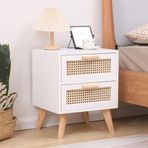 2 Çekmeceli Yan Sehpa, Yatak Odası için Dokuma Doğal Vintage Sehpa, Rattan Komidin Masif Ahşap Ayaklı Modern Komodinler (A)