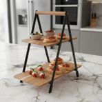 2 Katlı Akasya Ahşap Sunum Standı - Silikon Kaplamalı Siyah Metal Gövdeli Meyvelik Kurabiyelik Kahve Köşesi ve Mutfak Banyo Düzenleyici Organizer (16 x 26.5 x 34 Cm)