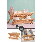 2 Katli Bambu Katlanabilir Tabaklik Bulasiklik Buyuk Boy Mutfak Dekoratif Bulasik Kurutma Rafi