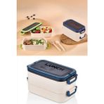 2 Katlı Beslenme Kutusu Çatal Kaşıklı Yemek Saklama Kabı Okul Ofis Kamp Çocuk Çantası Sefer Tası - 11 x 22 x 12 cm