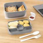 2 Katlı Bölmeli Beslenme Kabı - Yemek Taşıma Saklama Kabı Diyet Lunch Box Sosluk Kaşık Çatal Gri