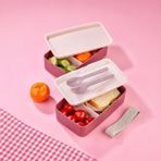2 Katlı Çatal Kaşıklı Beslenme Kutusu Dikdörtgen, Bölmeli Yemek Saklama Kabı, Öğrenci ve Sporcu İçin Pratik Lunch Box (Pembe)