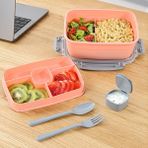 2 Katlı Kilitli Kapak Yemek Kabı - Bölmeli Lunch Box Diyet Beslenme Kutusu Sosluk Çatal Kaşık Pembe