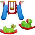 2 Kaydırak 1 Salıncak + 2 Sallanan Fil - Çocuk Oyun Parkı Seti - Anaokulu & Kreş Eğlencesi - Kırmızı