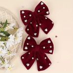 2 li Bordo Kadife Fiyonk Saç Tokası, Kristal Taşlı, 9 cm x 10 cm, Çift Paket