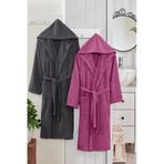2 Li Kapşonlu Unisex Banyo Bornozu Seti %100 Soft Pamuklu Antasit-mürdüm