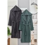 2 Li Kapşonlu Unisex Banyo Bornozu Seti %100 Soft Pamuklu Antasit-yeşil