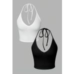 2 Li Paket V Yaka Siyah Beyaz Renk Desensiz Fitilli Kolsuz Boyun Askılı Likralı Fit Crop Top Bluz
