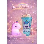 2 Li Set Işıklı Renkli Unicorn Figürlü Gece Lambası & Pipetli Boncuk Detaylı Suluk Bardak Mavi 450ML