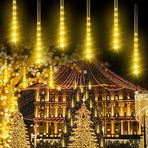 2 Paket Meteor Yağmurluk Yağmurluk, Su Geçirmez 30 cm 8 Tüpler 288 LED Şelale Düşen Basamaklı Yağmur Damlası Güneş Enerjisi Saçağı Dize Işıkları Bahçe Noel Düğün Parti Süslemeleri için (Sıcak Beyaz)