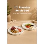 2 Parça 24 cm Porselen Servis Tabağı Seti - Modern Çizgili Yuvarlak Sunum Tabağı