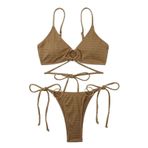2 Parça Bikini Mayo, Ayarlanabilir Sırtı Açık Askılı Kahve Rengi Strappy Bikini Mayo Plajda Güneşlenmek Için Zarif Üçgen Sütyen (L)