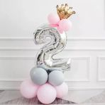 2 Yaş Gümüş Rakam Ve Kral Tacı Folyo Balon Doğum Günü